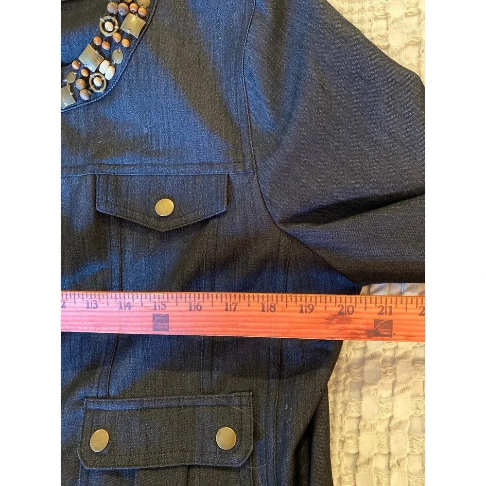 Ruby Rd. Jacket Womens Light Denim‎  Size 14 P Embellished Neckline Zipper Front